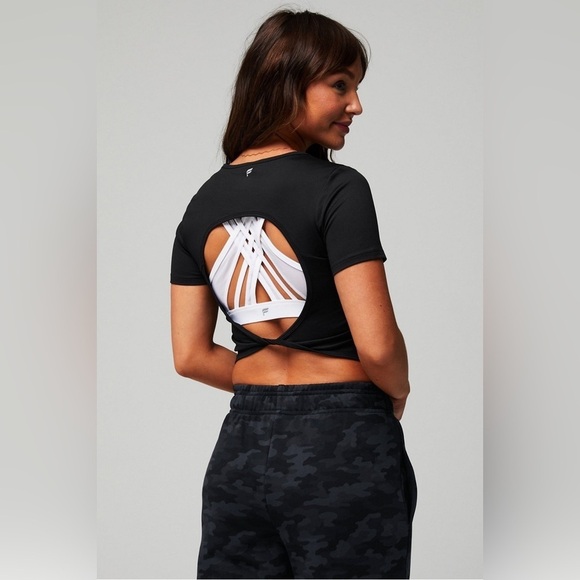 Fabletics Tops - Fabletics Dry-Flex Open Back Twist Short Sleeve Tee Black Women Size XL Gym Yoga
